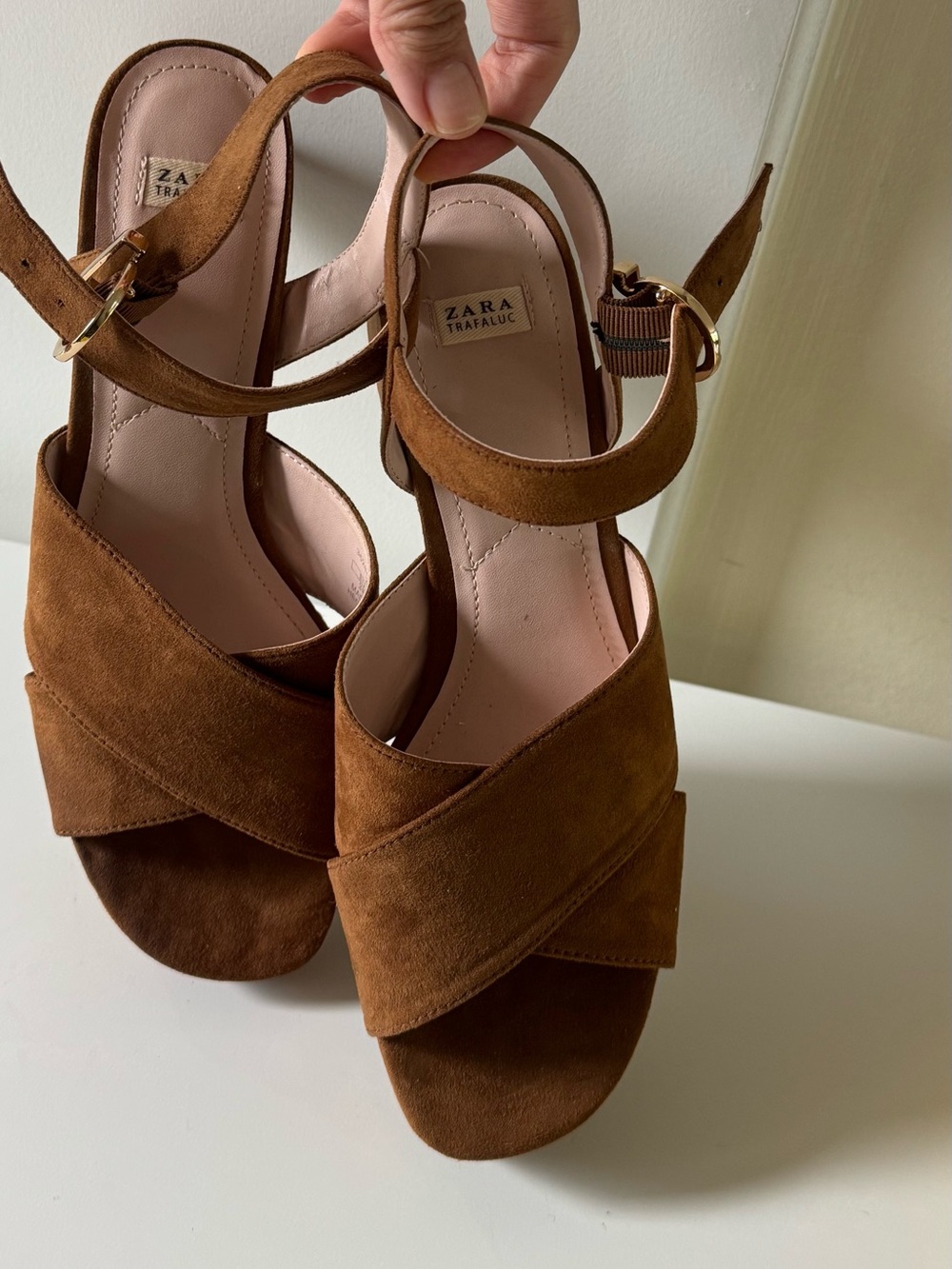 Zara Tan Suede Crisscross Wedge Sandals